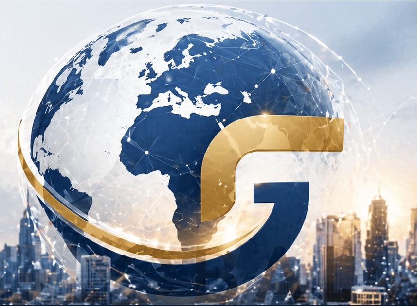 Gosel Global globe mark over a city skyline — a connected innovation ecosystem